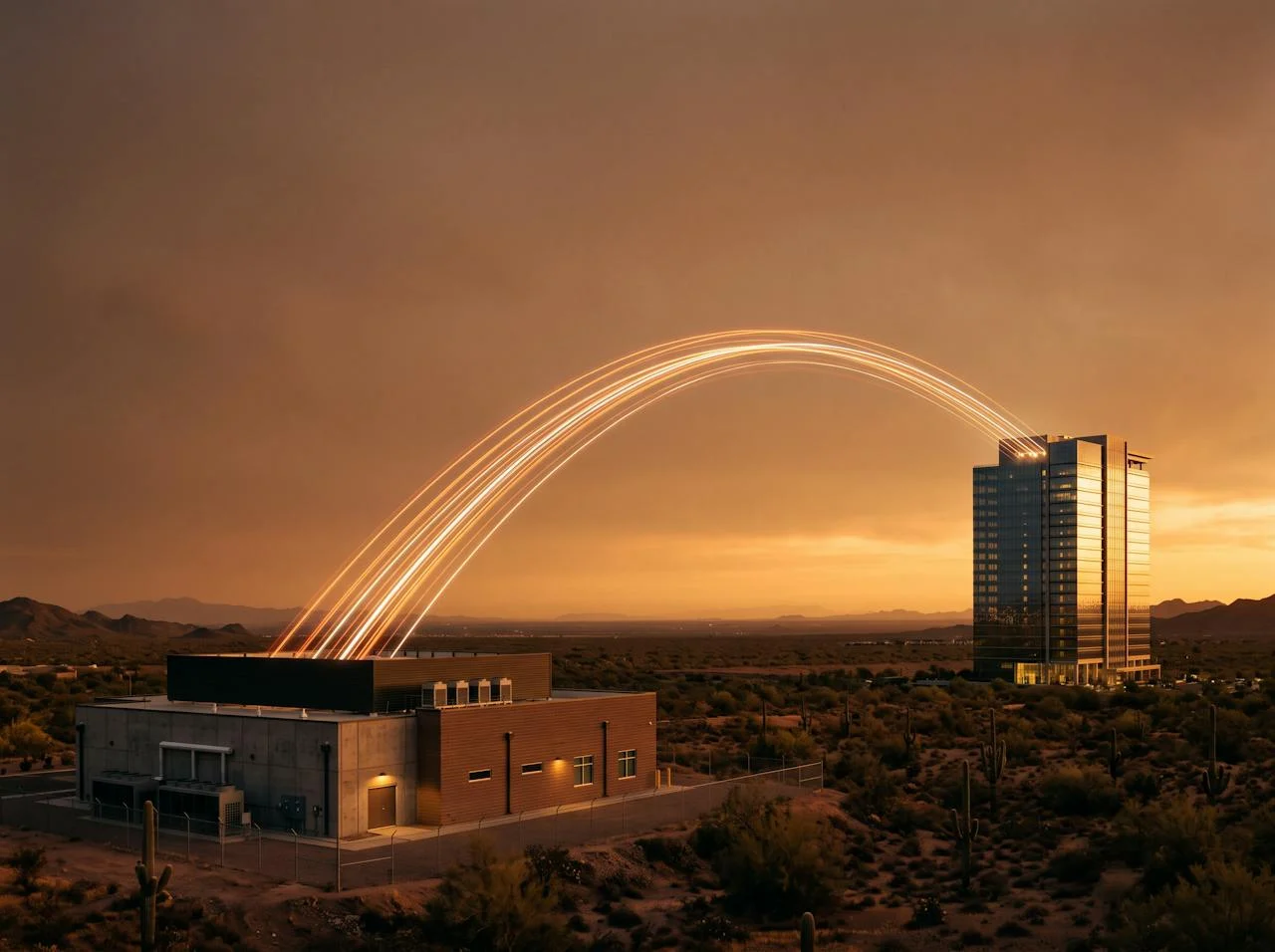 Two facilities connected by light trails at golden hour