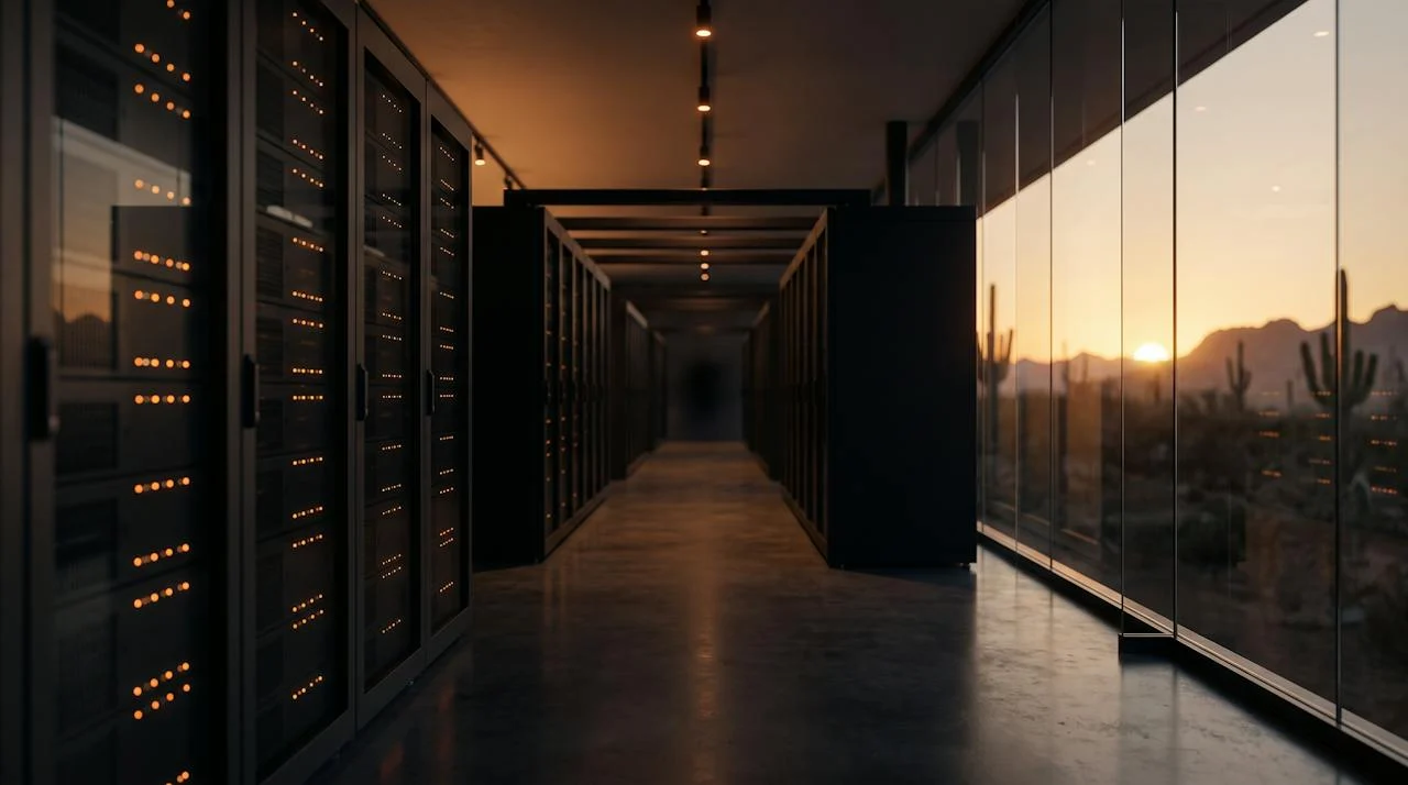 Server aisle at dusk with desert horizon