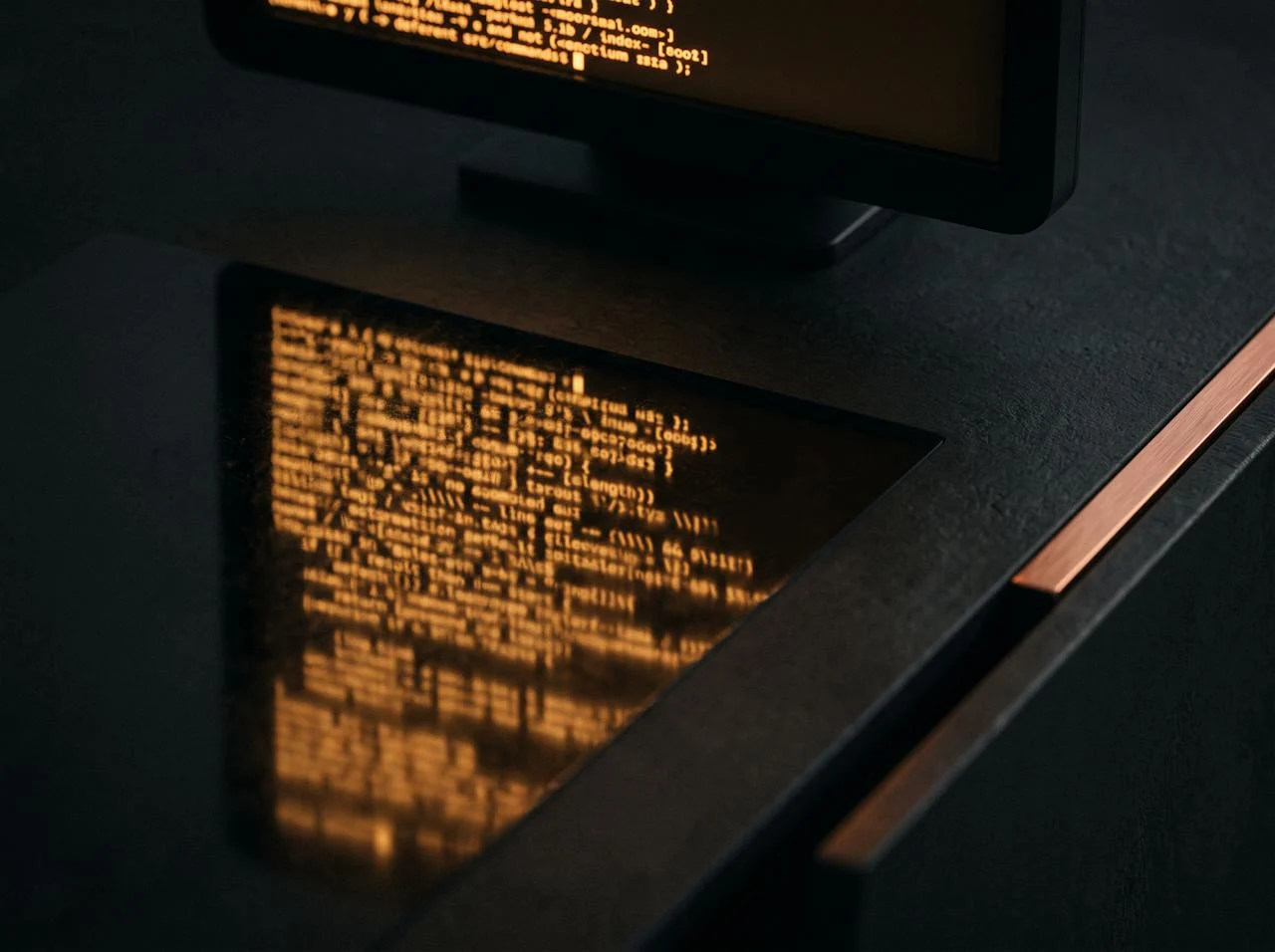 Terminal output reflected on a dark desk