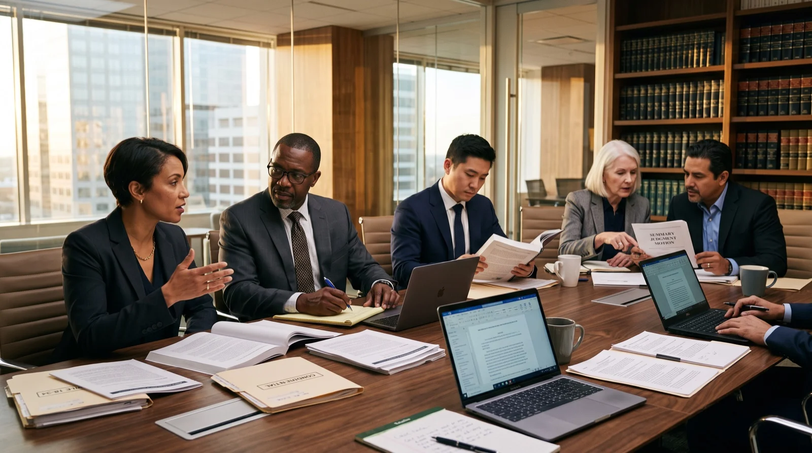 Five attorneys in suits reviewing case briefs around a conference table in a law firm meeting room