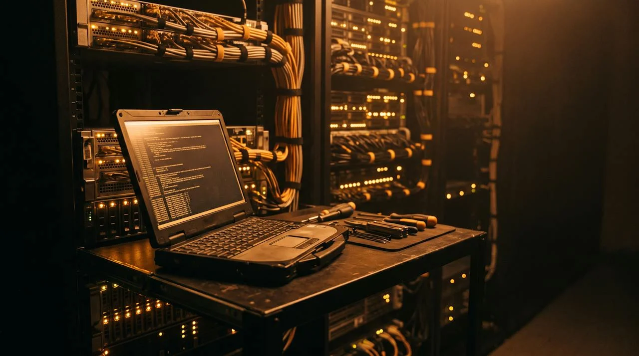 Engineer laptop and tools at a server rack