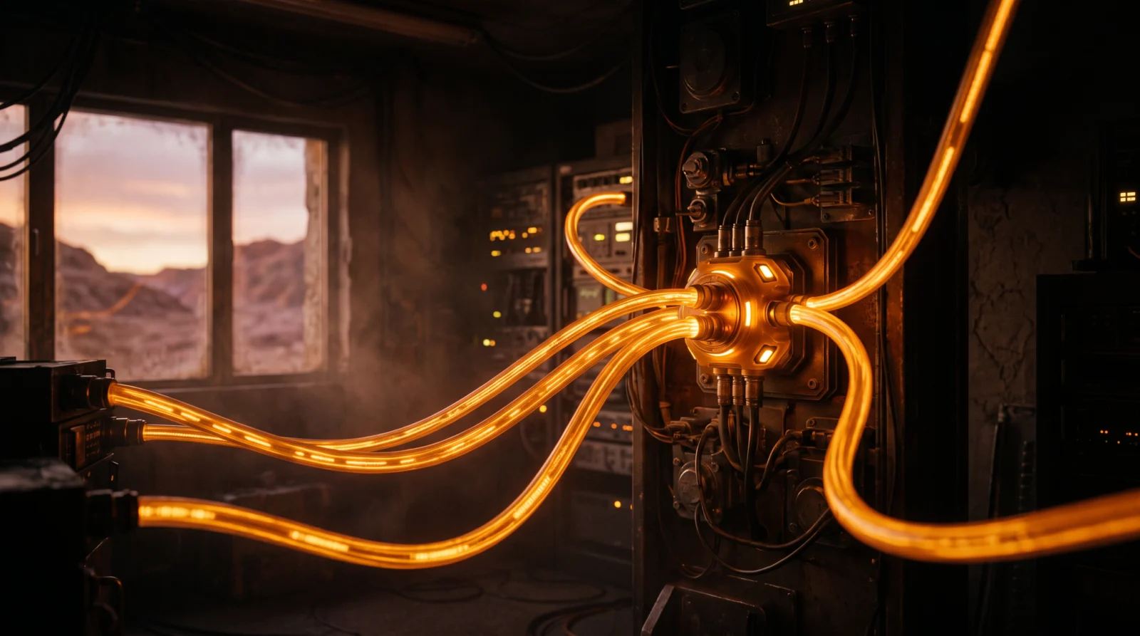 Amber data conduits converging into a single junction in a dark control room
