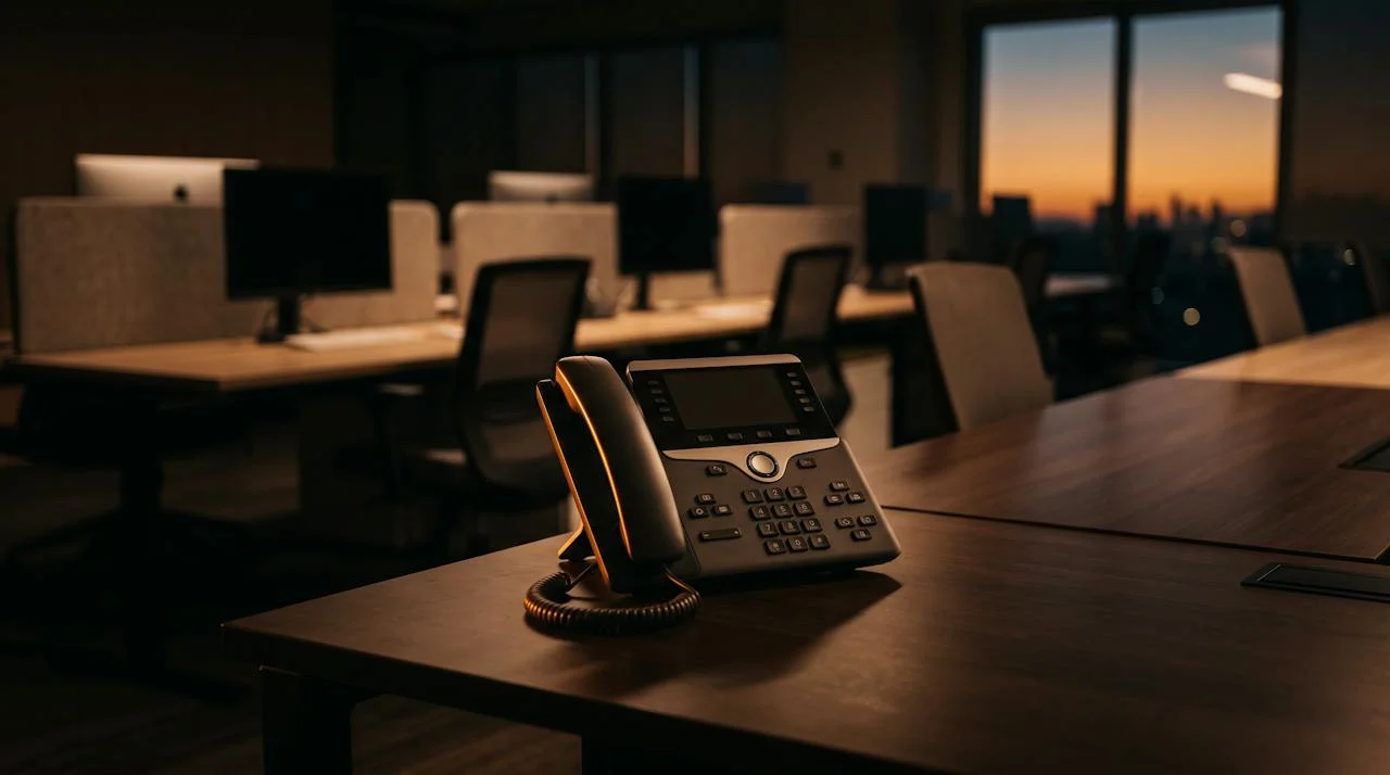 IP desk phone in an office at dusk
